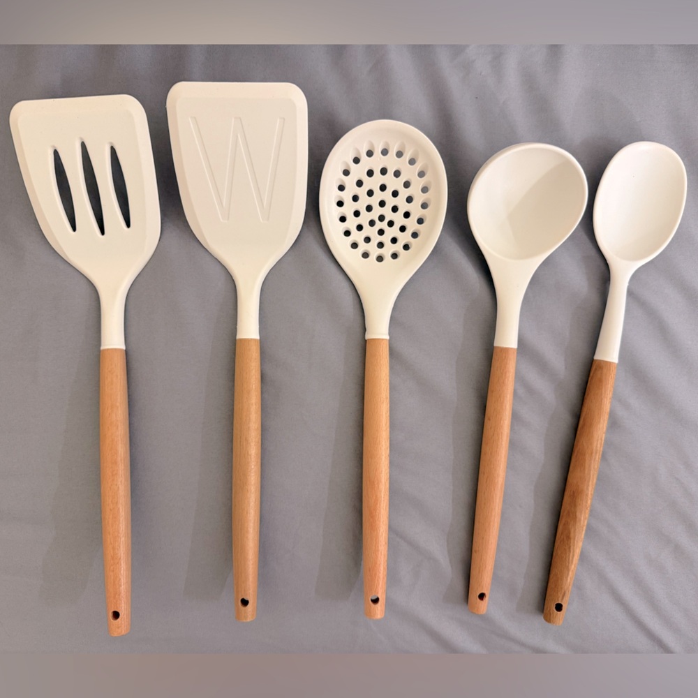 Wooden Handle Silicone BPA-Free Cooking Utensils Set - Cream